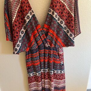 miami Red, Navy, White Patterned V-Neck Maxi Dress
